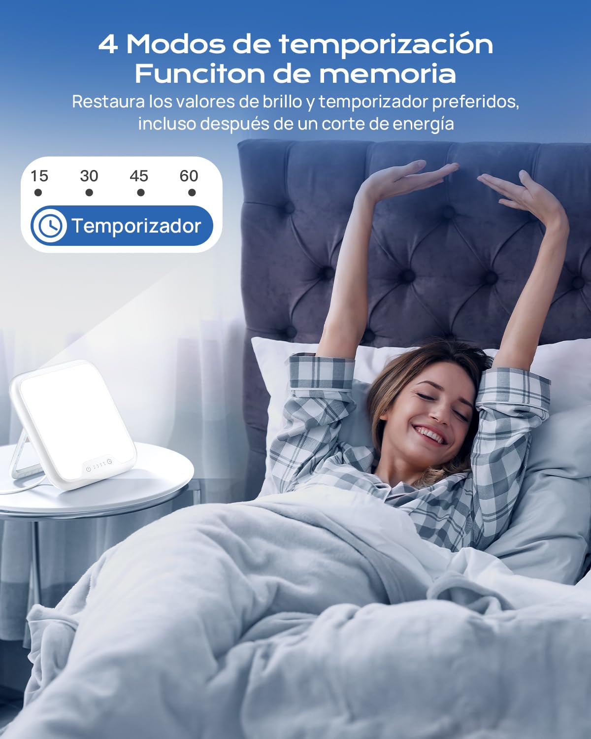 Luminoterapia 10000 LUX, SAD lamp, lámpara de terapia de luz, lámpara LED de diurna Con Función de Memoria, 4 Temporizadores, Regulación de luz sin escalones, Control Táctil y Soporte Plegable