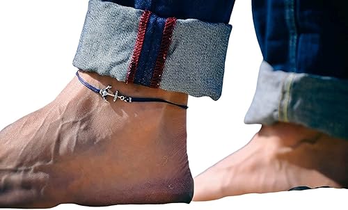 Anchor anklet for men, men's ankle bracelet with a silver plated anchor charm and blue cotton cord, custom anklet gift for him, beach ocean boat