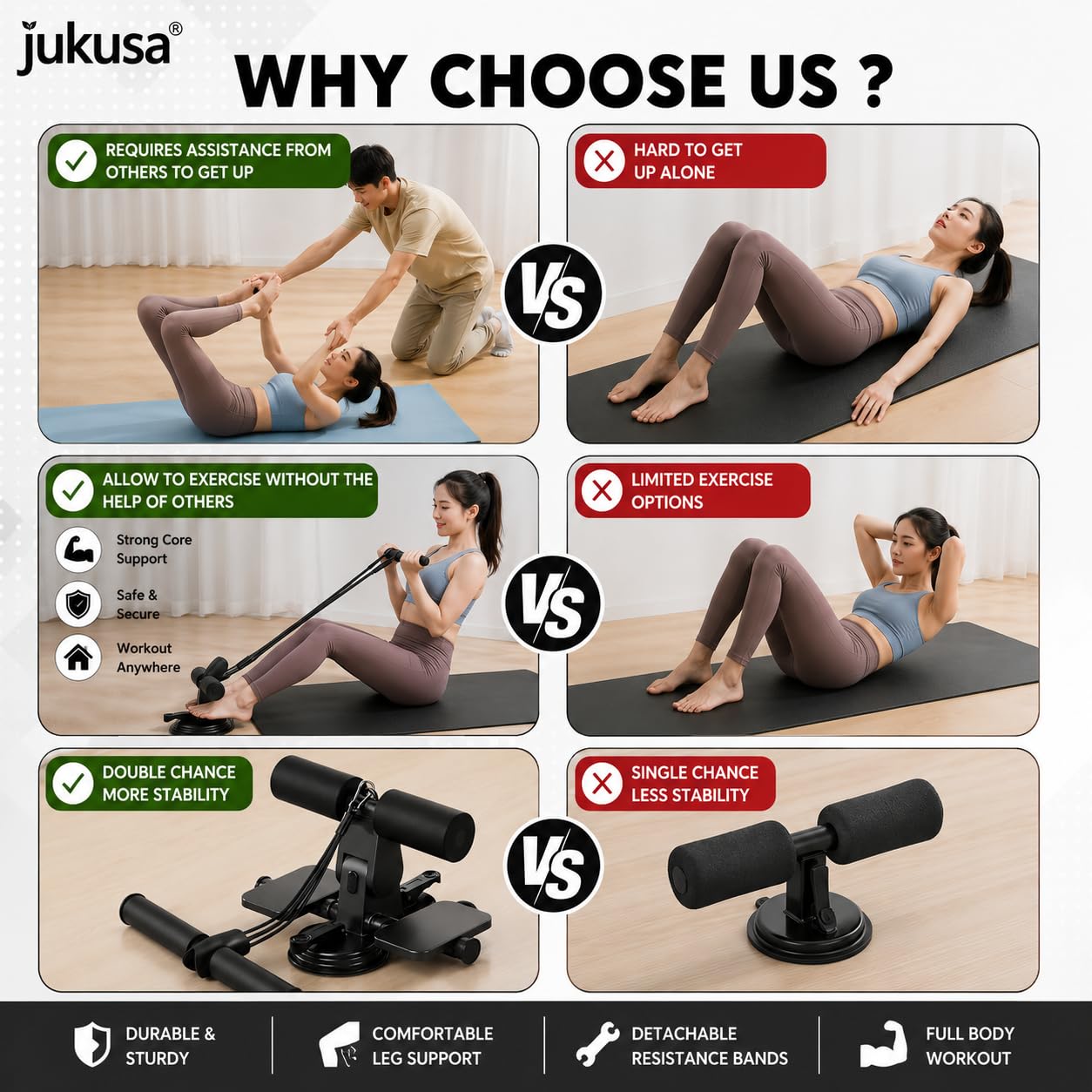 Jukusa Sit-ups Assistant at Home Working Out, Adjustable Sit-Up Bar Fitness Device for Abdominal Muscle Trainer Gym Equipment for Men & Women, Best for Weight Loss Thin Thigh (Black) 2