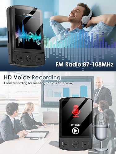 Miniatura 7 de Reproductor de MP3 con clip de 64 GB mini reproductor de MP3 con Bluetooth 5.2, reproductor de música MP3 portátil con auriculares, altavoz HiFi,