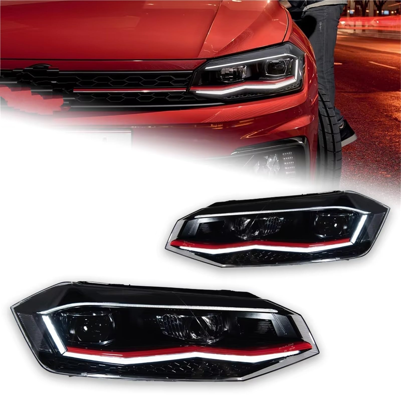 Fari Anteriori Auto Per Per Polo 2019-2022 LED Faro Angel Eye Lens Fari Segnale DRL Accessori automobilistici Car Styling Testa della lampada Faro Proiettore Anteriore(Red All LED)