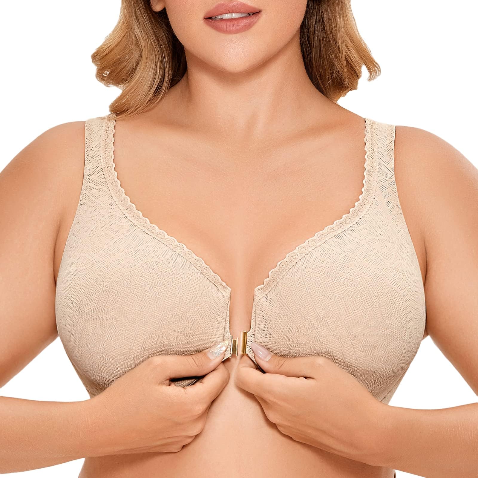 Women's Front Closure Plus Size Underwire Unlined Full Coverage Lace Bra