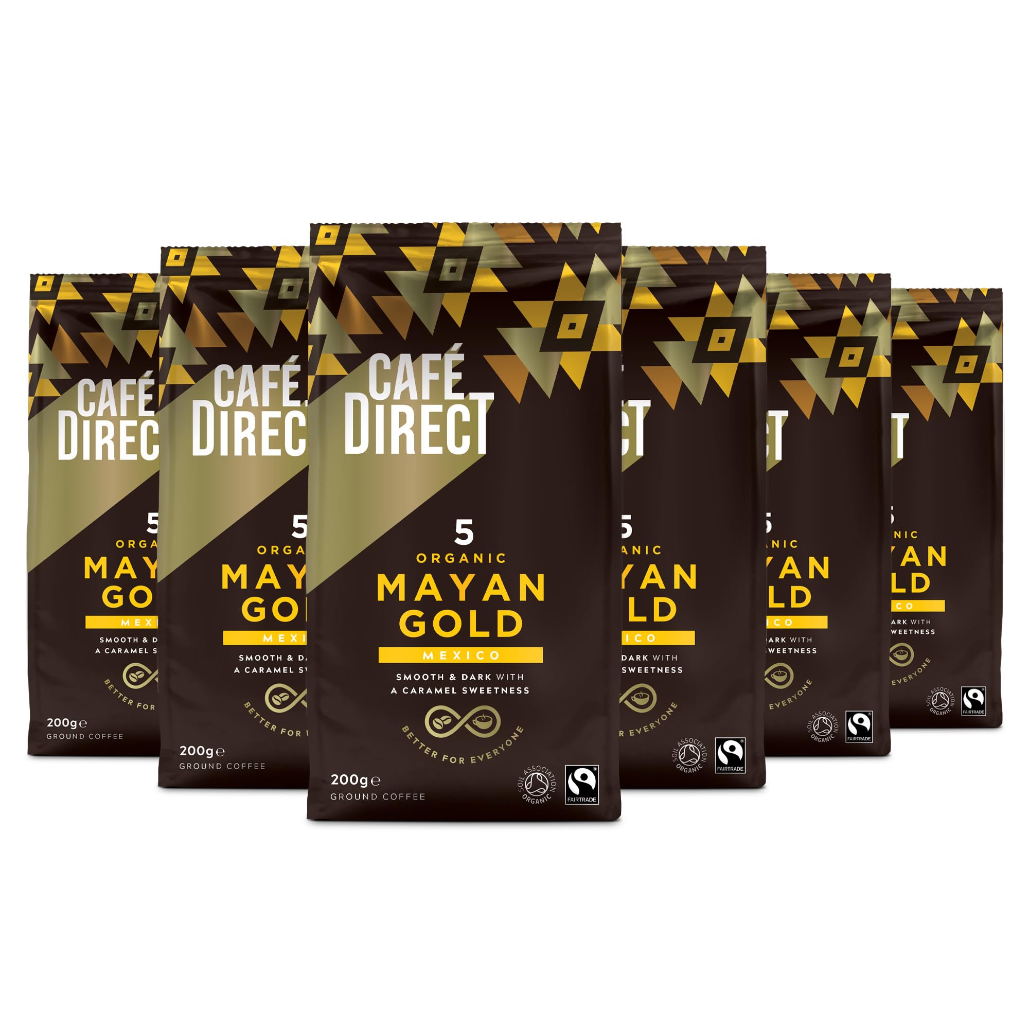 Cafedirect Mayan Gold Organic Ground Coffee – Smooth Dark Roast with Caramel Sweetness, Fairtrade Arabica from Mexico 200g (Pack of 6 - 1.2kg total)