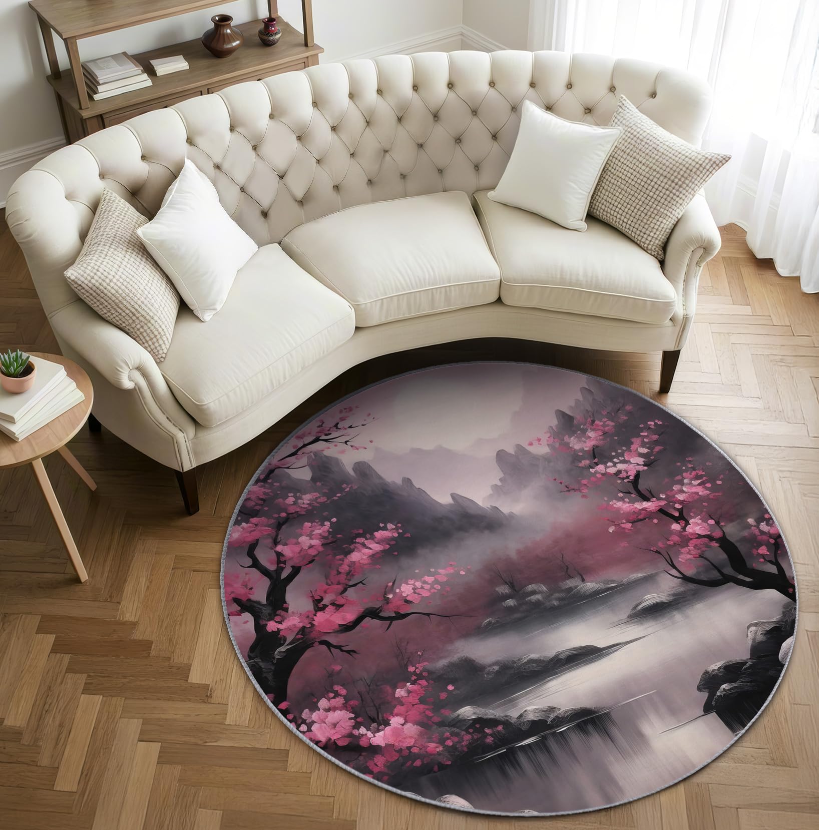 Japanische Kirschblüte Teppich Rund 120cm Kurzflor - Waschbare Teppiche Wohnzimmer Asiatische - Runder Teppich 120 Durchmesser Kinderzimmer - Bettvorleger Schlafzimmer rutschfest Weich