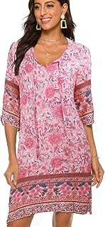 Damen Vintage Ethnostil Blumenmuster Bohemian Tunika Kleid V-Ausschnitt 3/4 Arm Strandkleider Sommerkleider