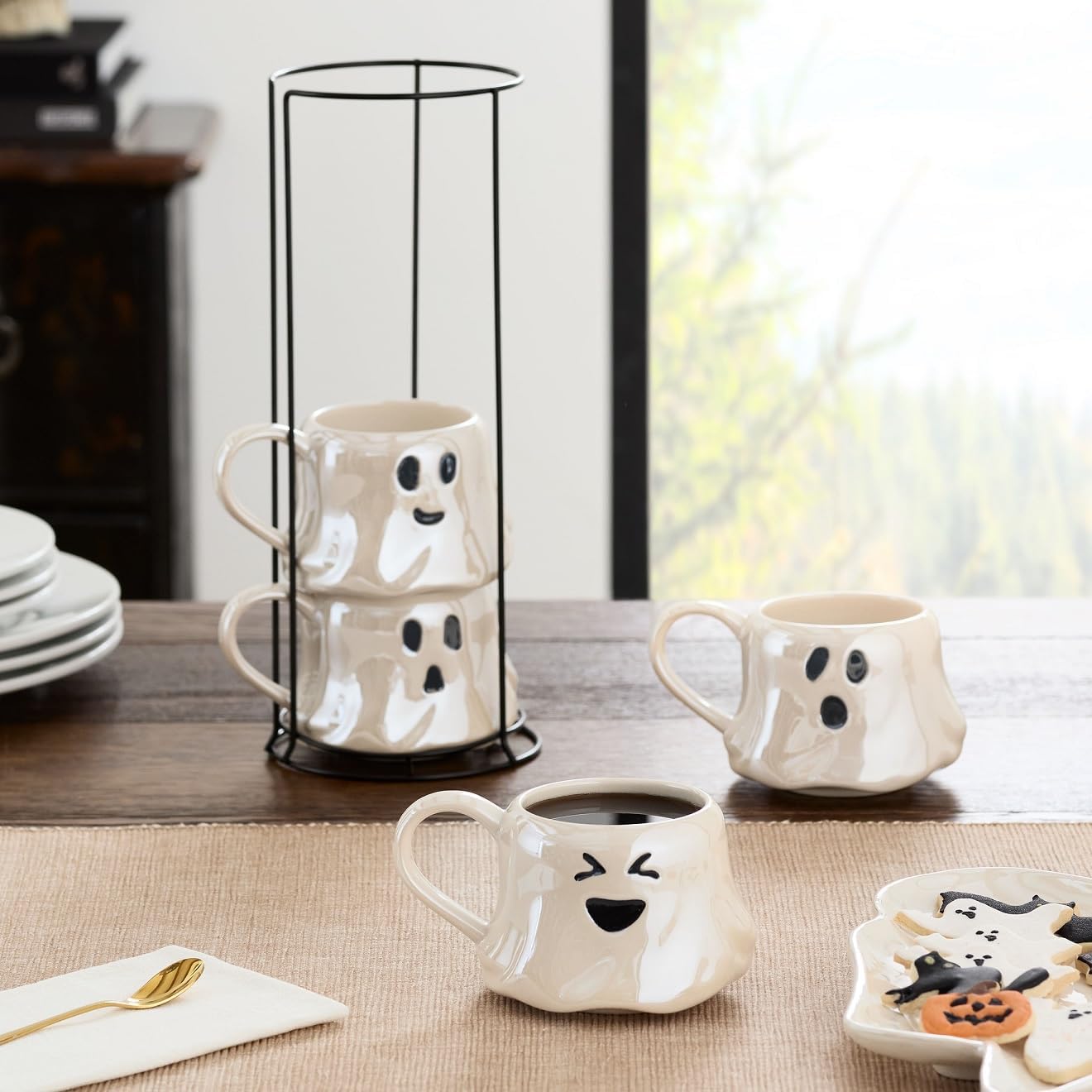 13-Ounce Halloween White Ghost Stoneware Stackable Mug Set with Iron Rack, Cute and Spooky Coffee Mugs