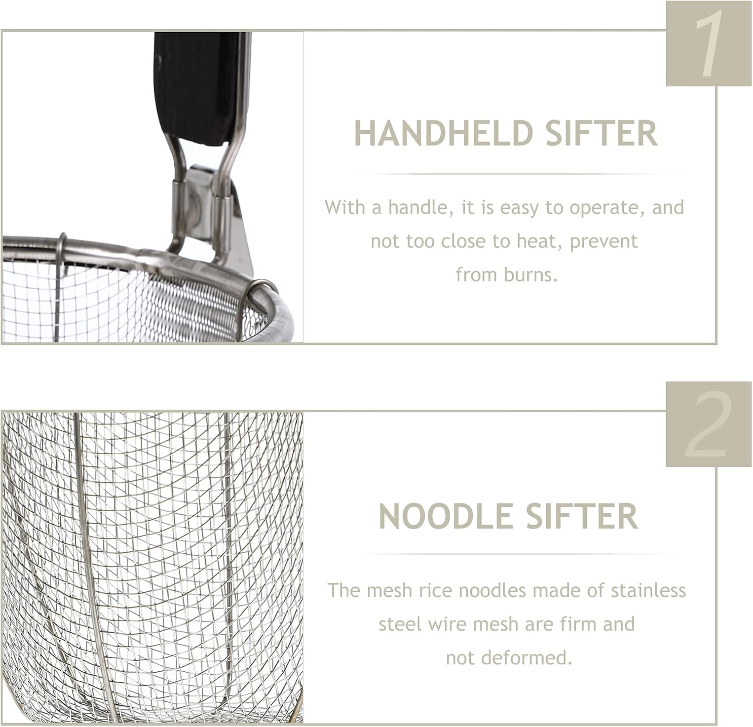 Large Strainer Colander Basket - Stainless Steel, Wooden Handle for heat resistance, fine mesh Udon Pasta Noodle Ramen Rinsing Straining Boiling Frying