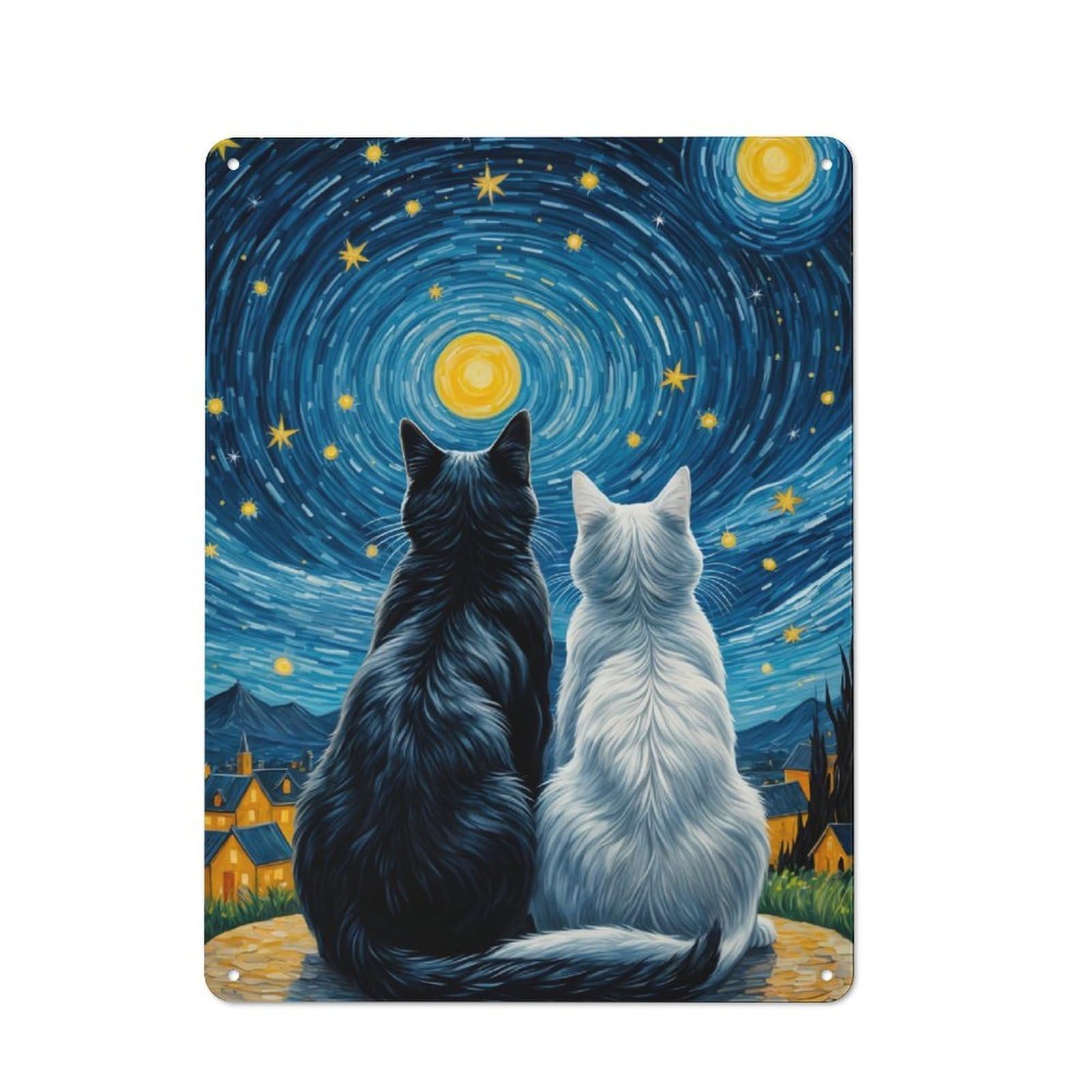 Nostalgic Cats In Love Starry Night Decorative Tin Sign 40x30cm, Vintage Wall Decor for Lounge, Study, Pub Or Wall Gallery