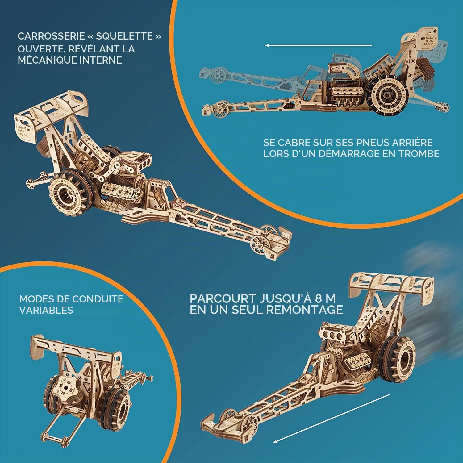 UGEARS Dragster Car Model Kit - Top Fuel Dragster 3D avec Moteur à Ressort Puissant - Drag Racing Model Car Kits Puzzles 3D à Assembler - Puzzles 3D en Bois pour Adultes et Enfants