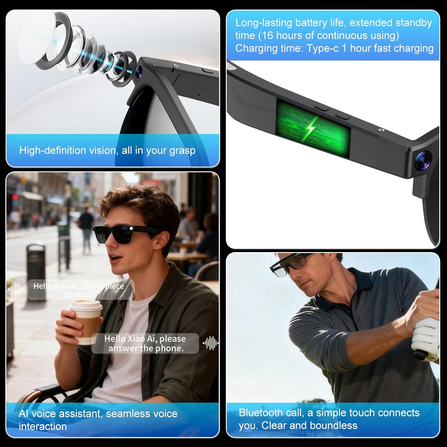 AI Smart Glasses with HD Camera, Video Recording, AI Voice Assistant, Real-time Translation, Hands-Free Calls, Music Playback, Sunglasses for Men and Women