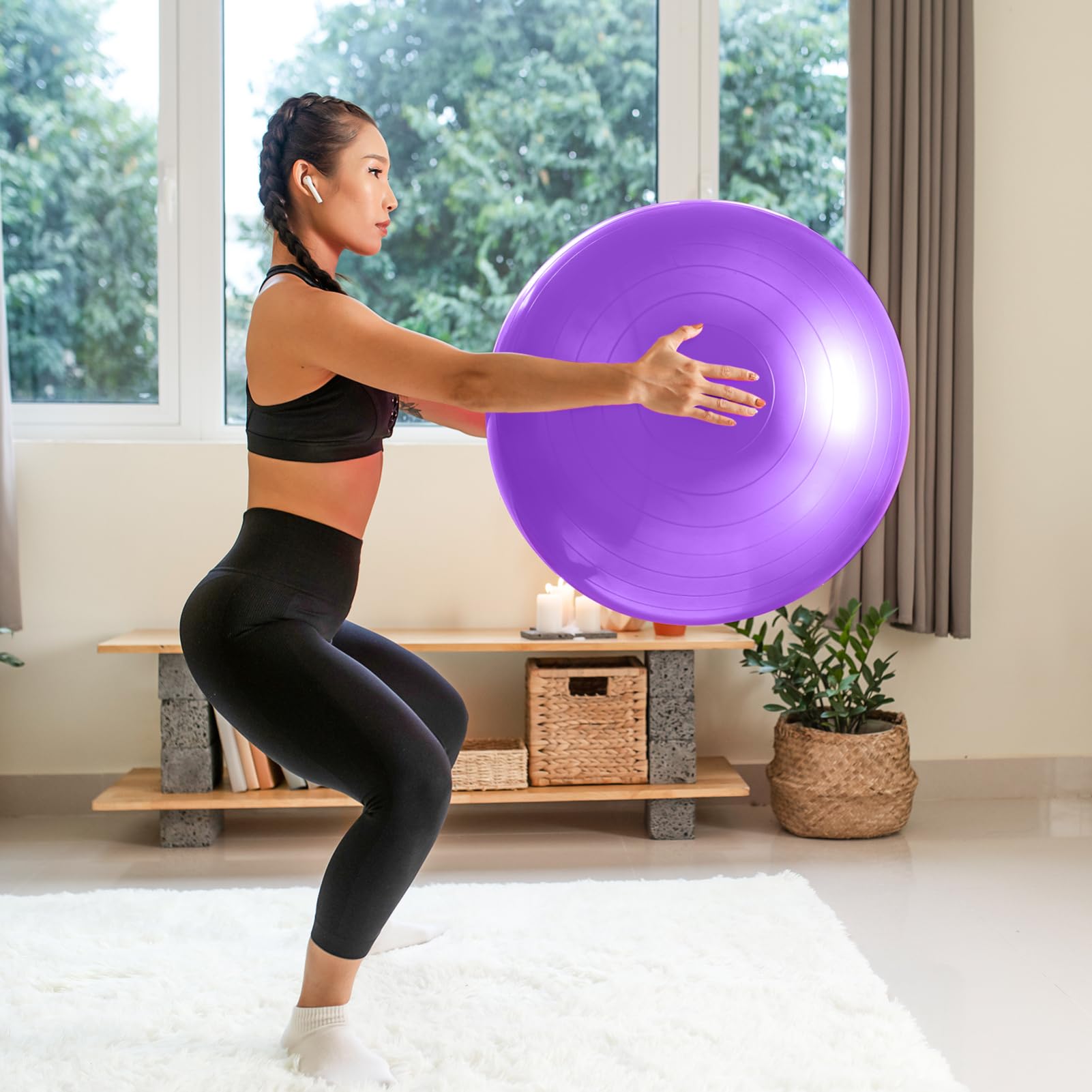 HANABASS Reusable Exercise Ball Large Pilates Ball Yoga Accessory Thick PVC Easy Inflate Purple