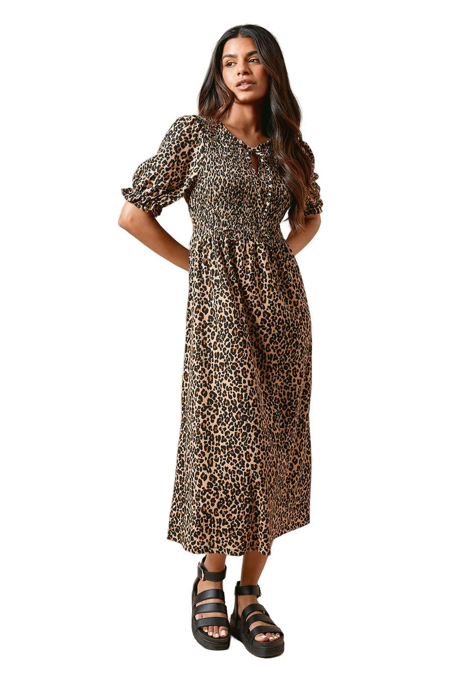 Dorothy Perkins Petite Leopard Puff Sleeve Shirred Bodice Jersey Midi Dress, 10, Leopard