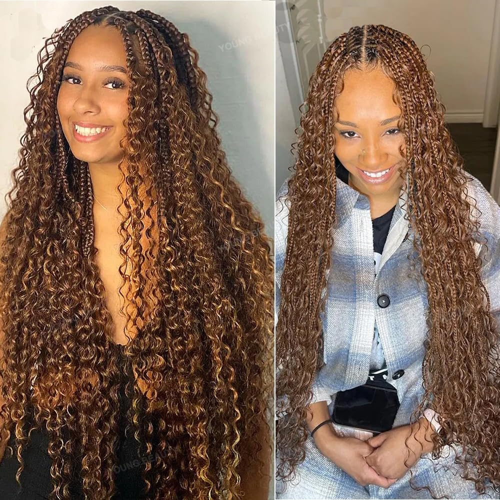 30# Honey Brown Crochet Boho Box Braids with Human Hair Curls Pre-looped Crochet Hair Synthetic Braid Hair 24inch 80Strands