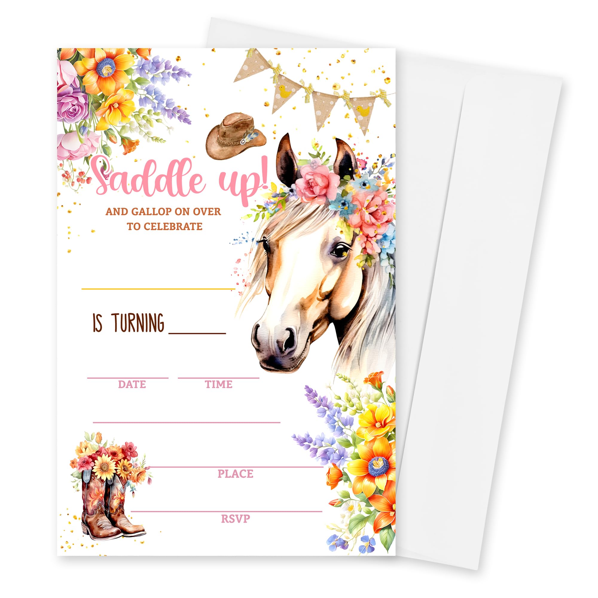 Yijiaqin Floral Horse Birthday Invitations- Saddle Up - 20 Pcs Western Cowgirl Floral Horse Invites With Envelopes For Girls Kids Teens Birthday Party