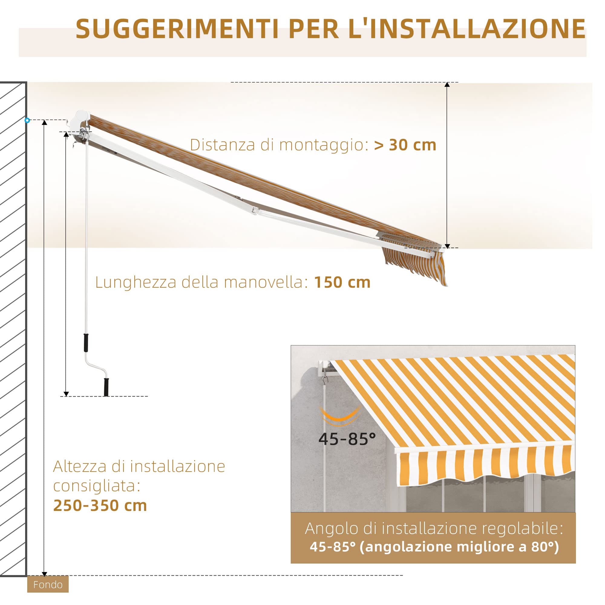 Outsunny Store banne Manuel rétractable 295 x 245 cm Store Exterieur terrasse avec manivelle, Angle réglable 45°-85°, Aluminium et Polyester 280 g/m², auvent de terrasse, Balcon, Cour, Orange