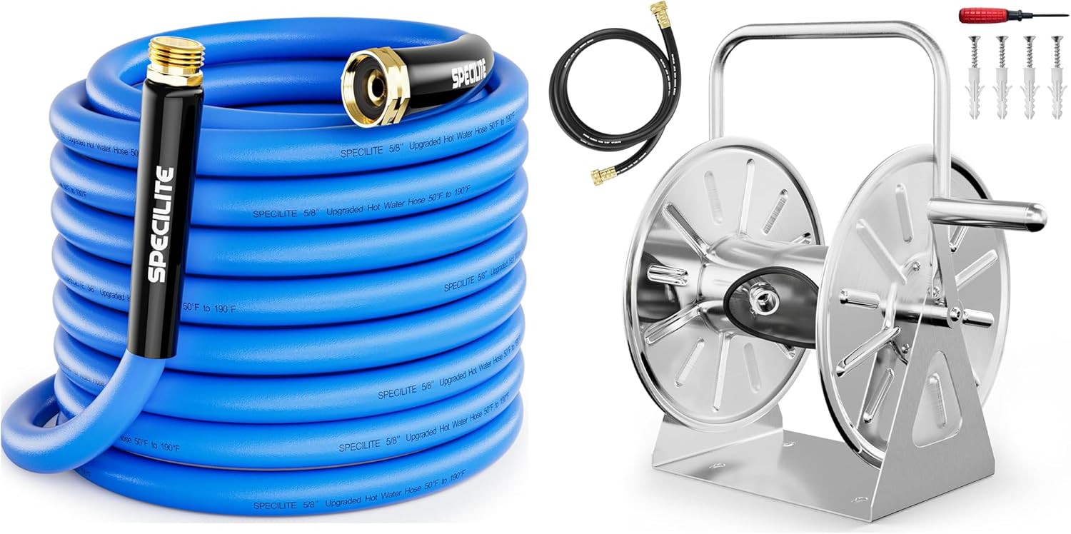 Stainless Steel Garden Hose Reel with Hot/cold 50 ft Hose