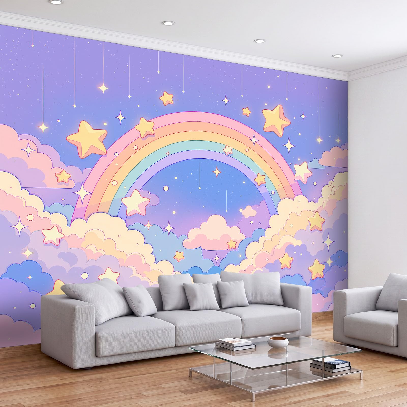 Tapeta 3D panoramiczny obraz ścienny 250 x 175 cm Cartoon Fantasy Himmel Regenbogen tapeta gobelin panoramiczny plakat salon dekoracja ścienna do pokoju dziecięcego, pudrowy niebieski