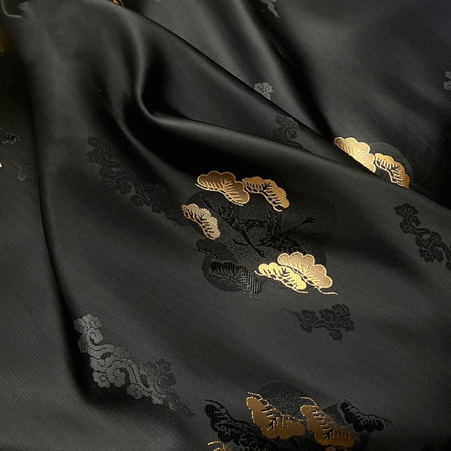 Brocade Fabric,Costume Chinese Handmade Faux Cloth Pine Leaf Fabric Kyoto Nishijin Woven Cheongsam Dress Hand-Made Pine Crane Picture Elegant Simple Tcrafts Cloth 150X50cm,Black (Color : Black)