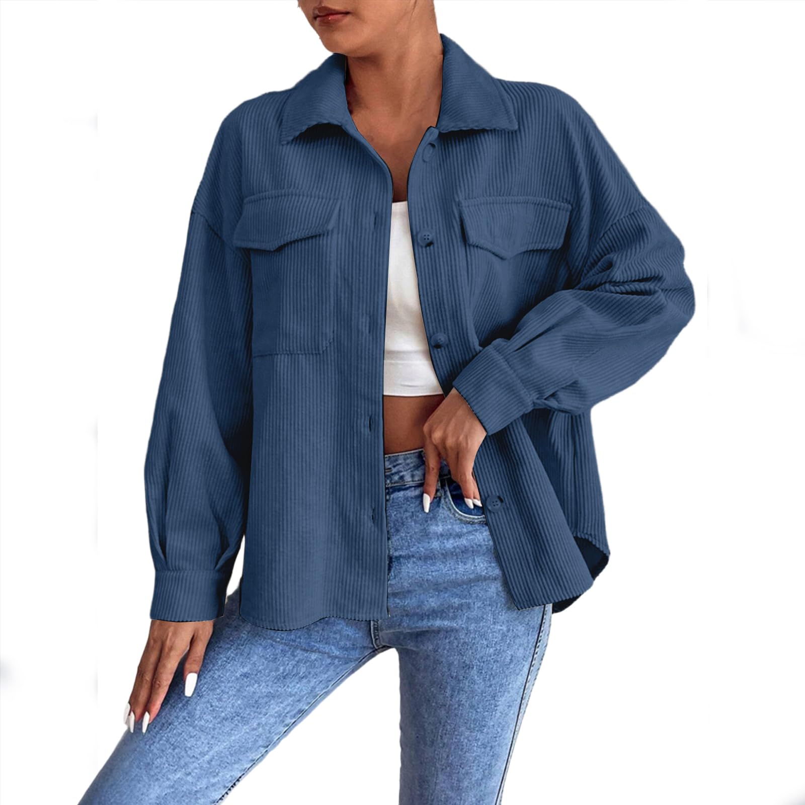 Cardigan bleu marine surdimensionné en velours côtelé pour femme, veste chemise à manches longues, couleur unie, boutonnée sur le devant, coupe décontractée, manteau décontracté en velours côtelé pour