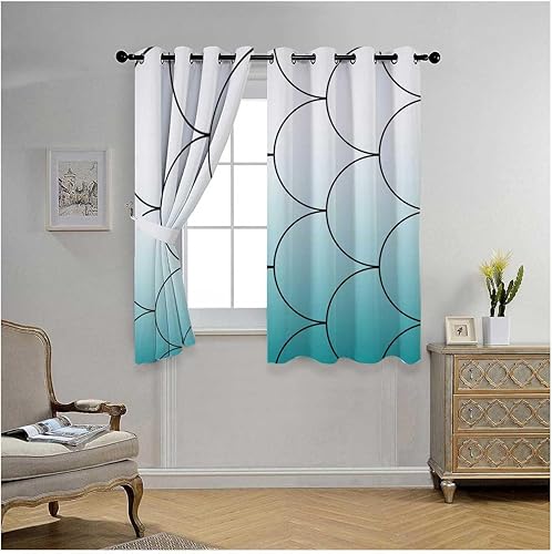 Miniatura 2 de Cortinas para Cocina White Cyan Gradient Abstract Geometric Lines Privacy Curtains Boho Drapes 85Inch Width by 85Inch Length,2 Panels