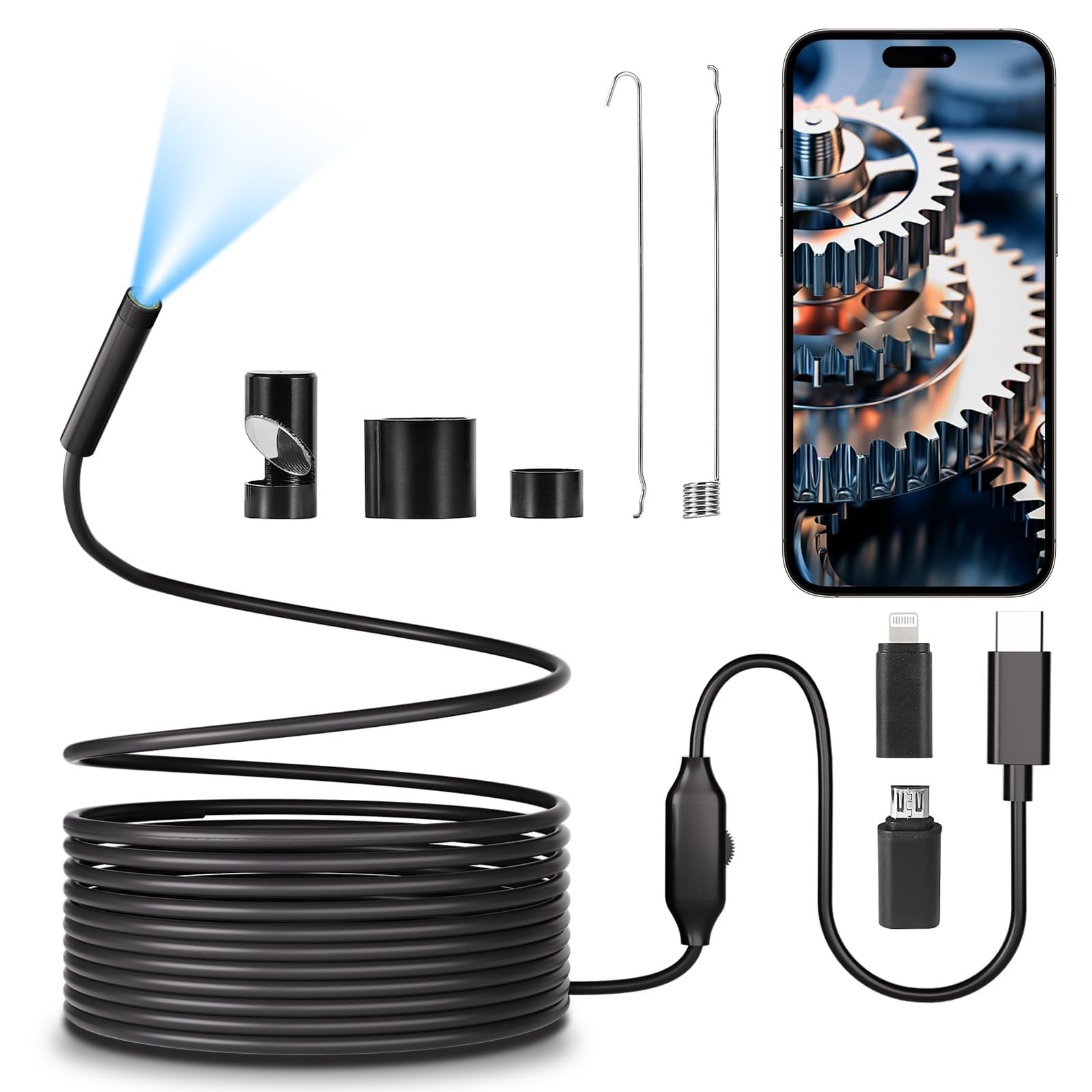 poledy endoscope camera with light, 1920p hd borescope, 8 adjustable led light, ip67 waterproof 16.4ft snake camera, semi-rigid cable inspection for android, ios