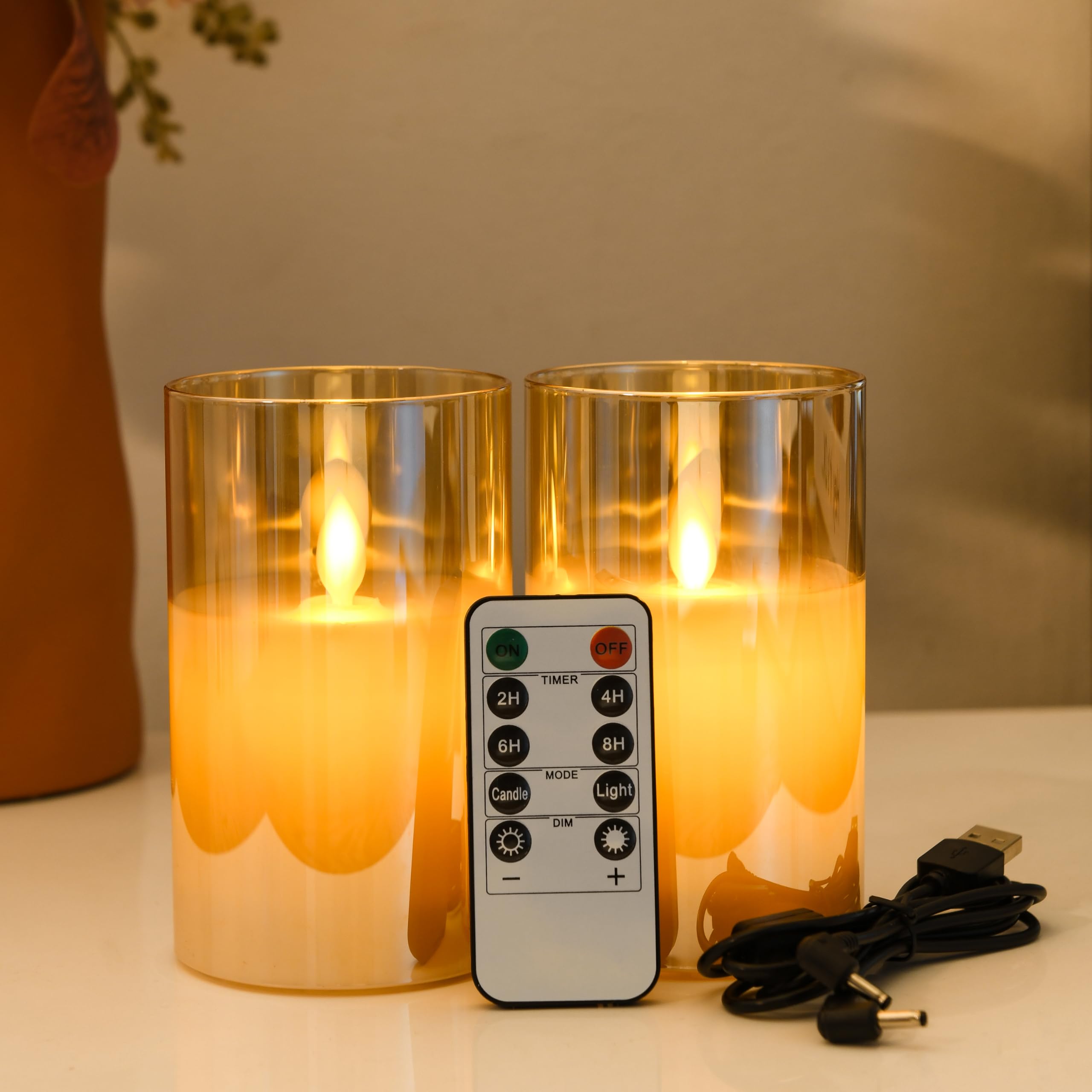 FiiMoo Velas LED Recargables, Pack de 2, LED Velas con Mando, Velas de Pilas con Temporizador, Velas Recargables USB, LED Velas Para Navidad, Fiestas, Bodas, Cumpleaños Decoración-10cm Vidrio Marrón