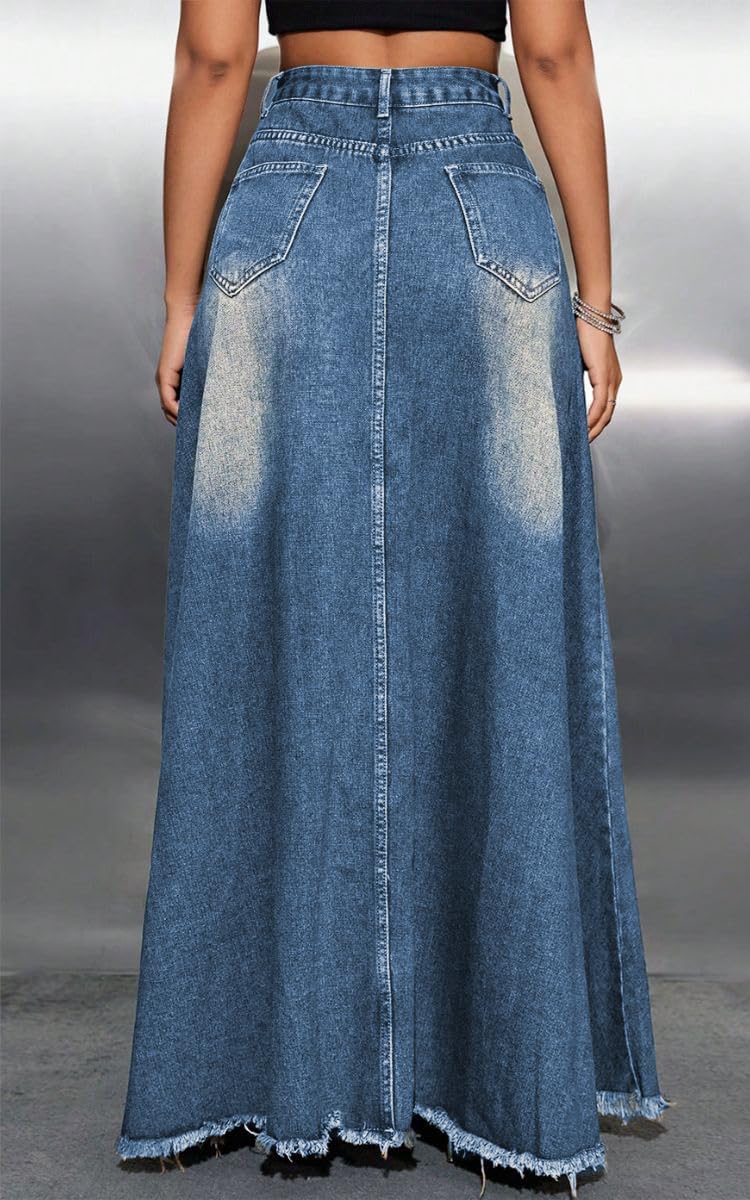 Women's Vintage Full Length Denim Skirts High Waisted Frayed Raw Hem Flared A Line Maxi Long Jean Skirts - Image 3