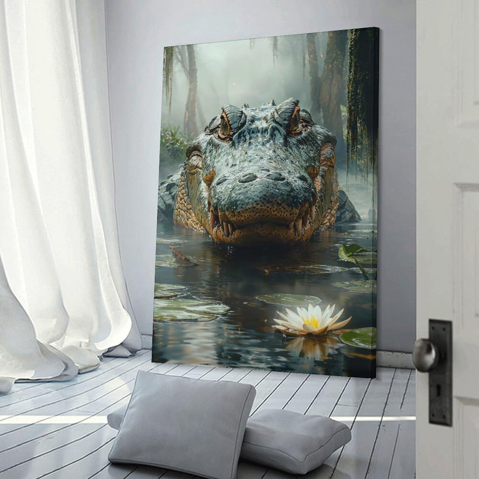 Junmoney Wall Decor Canvas Print Alligator in Swamp with Lily Pad, 08x12inch(20x30cm), for Bedroom Walls, Guest Spaces Or Lounges, An Easy Wall Refresh for Bedrooms