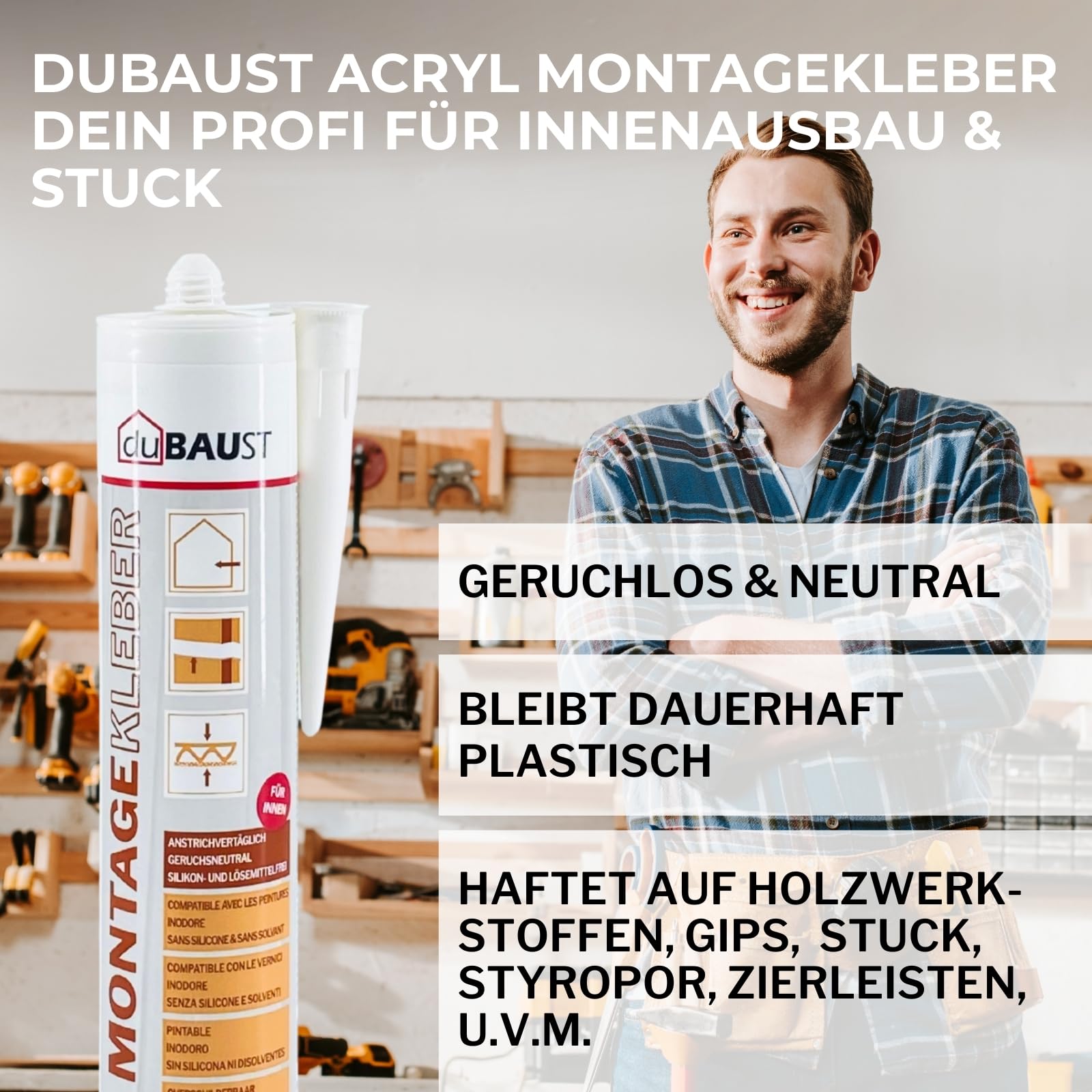 12x dubaust Montagekleber Universal Weiß – Holz, Styropor, Stein, Zierleisten - 511g - AMK24