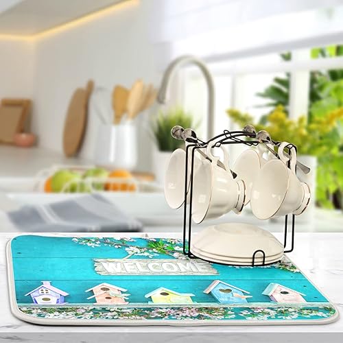 Vista 85 de Tapete de secado de platos de flores de fondo negro para encimera de cocina de 18 x 24 pulgadas, tapete de microfibra absorbente, tapete de secado