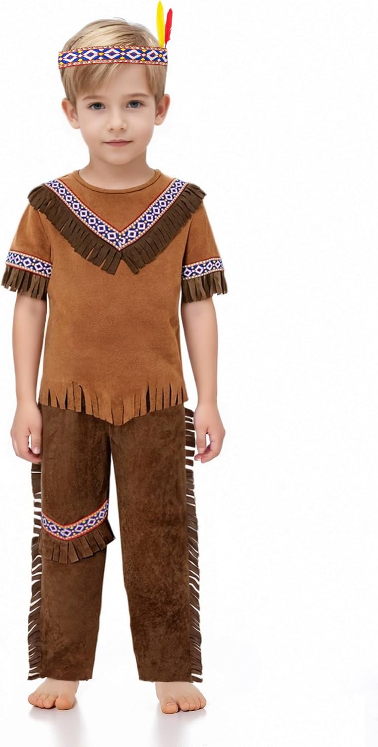Kids Native Sets Boys Indian Holiday Thanksgiving Outfit With Headband Brown 4-5T