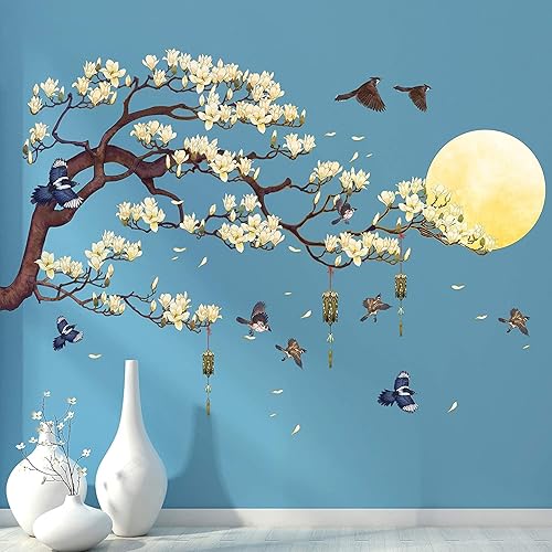 Miniatura 7 de RW-1005 Adhesivos de pared de ramas de árbol de magnolia blanca con pájaros voladores para despegar y pegar, calcomanías de pared 3D DIY luna,