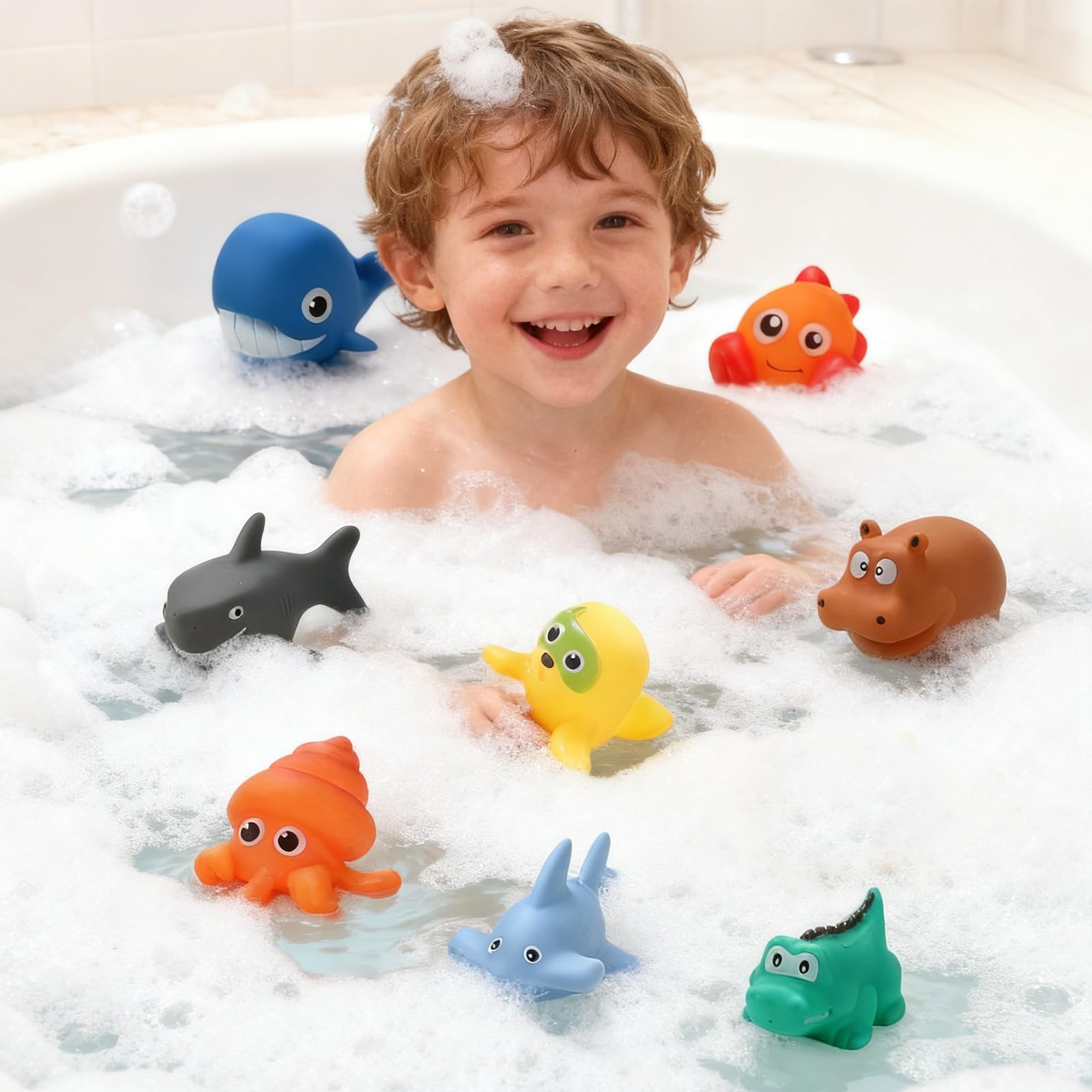 Giochi Bagnetto Neonato - Set 9 Pezzi Giochi da Bagno Senza Muffa Senza Foro, Animaletti di Gomma per Bambini, Giochi Bagnetto Neonato,Giochi d’Acqua e Piscina per Neonati e Bimbi