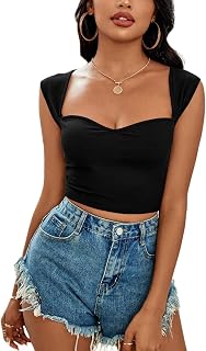 BRAND FLEX Womens Black Sweatheart Neck Top with Short Sleeve Top Price In India