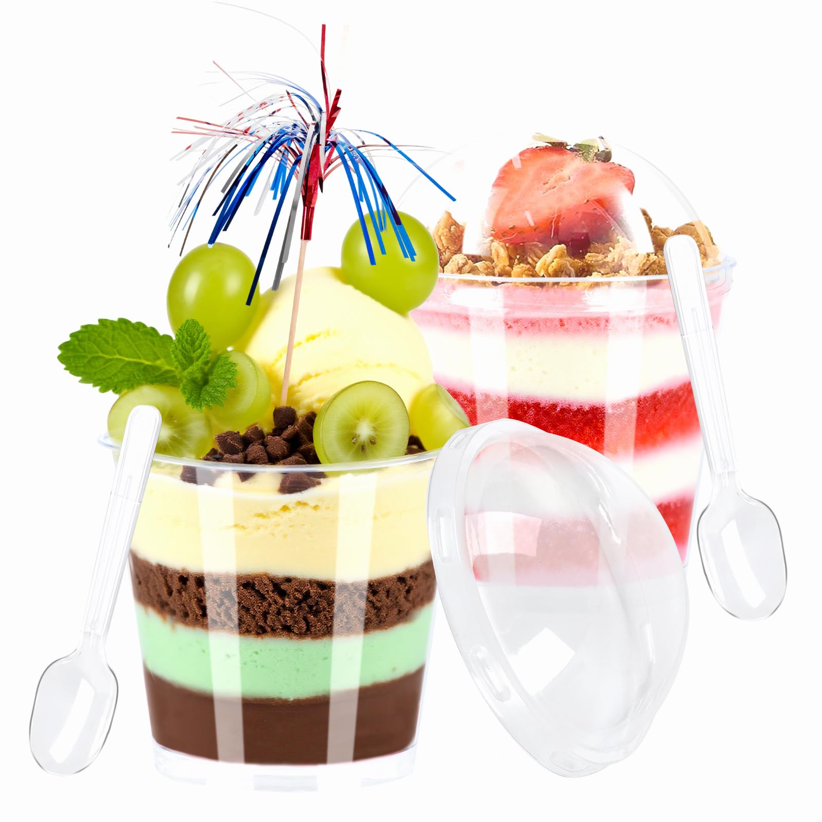 50 Vasos de Postre Transparentes Redondos 200ml con Tapas, Cucharas y 20 Adornos de Chispas - Reutilizables para Pudín, Mousse, Helado, Fiestas