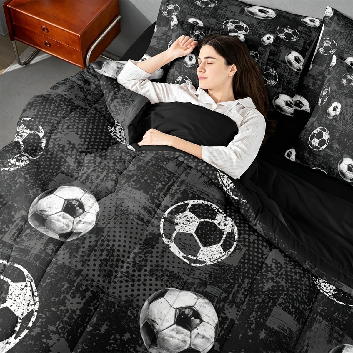 Feelyou Boys 3D Soccer Comforter Set with Sheets Queen Size 7 Pieces Kids Football Bedding Set for Girls Teens Sports Ball Gaming Bed in a Bag Room Decor