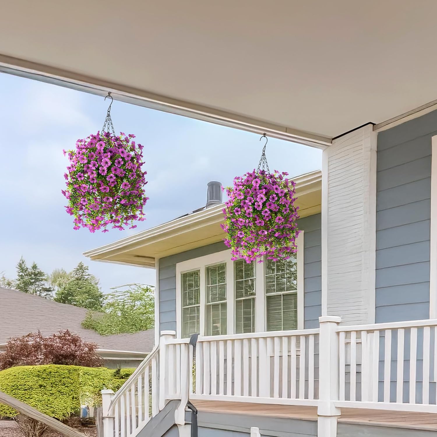 INQCMY Artificial Hanging Flowers with Basket for Spring Outdoor Decoration 3 Bunches of Silk Daisy Flower Uv Resistant for Garden Porch Patio Balcony Yard Decor (Purple2) - Image 6