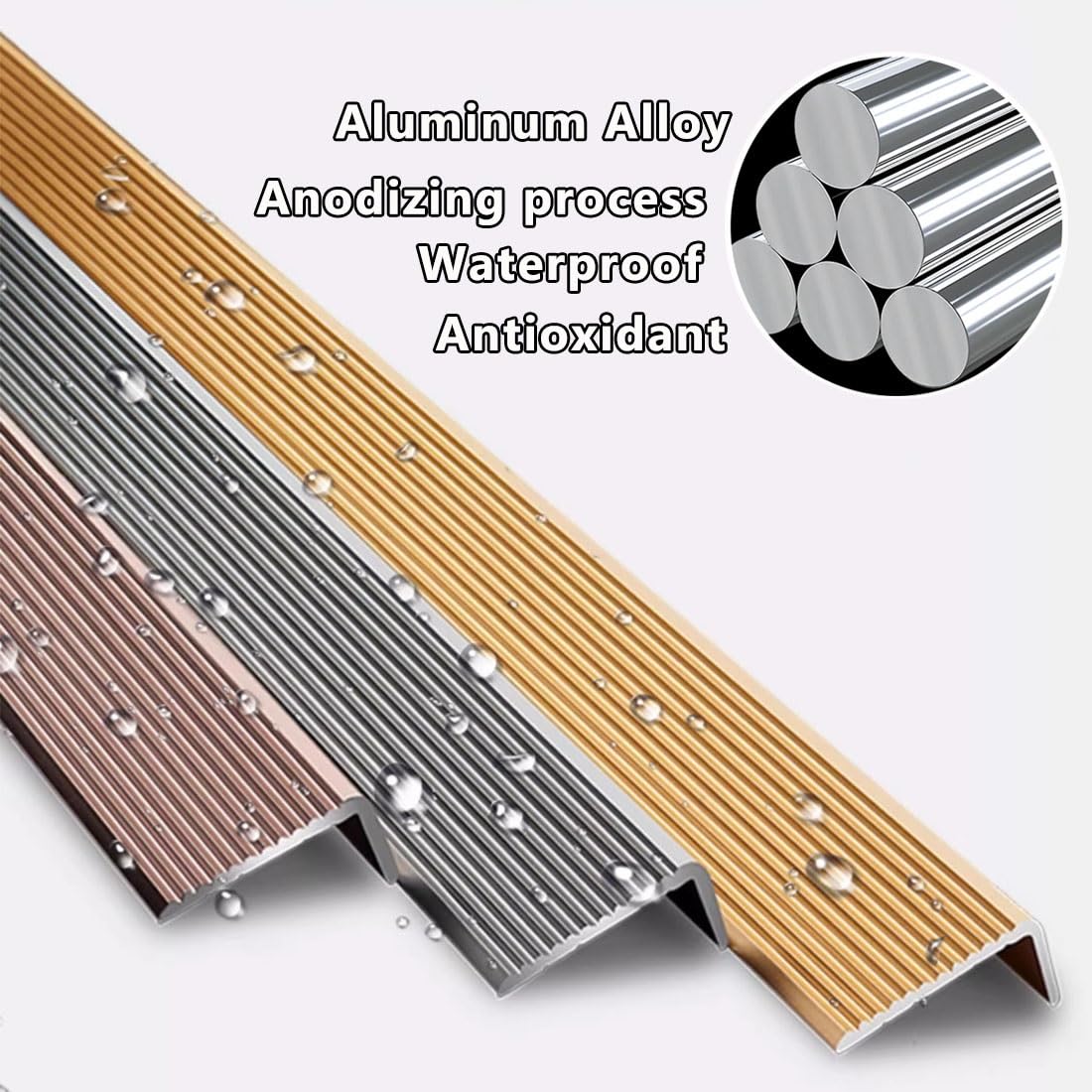 3 szt. Stopniowe wykończenie krawędzi w kształcie litery L w kolorze różowego złota 35,4 cala/90 cm, aluminiowa antypoślizgowa osłona krawędzi schodów, metalowe nakładki na noski schodów(5x3cm)