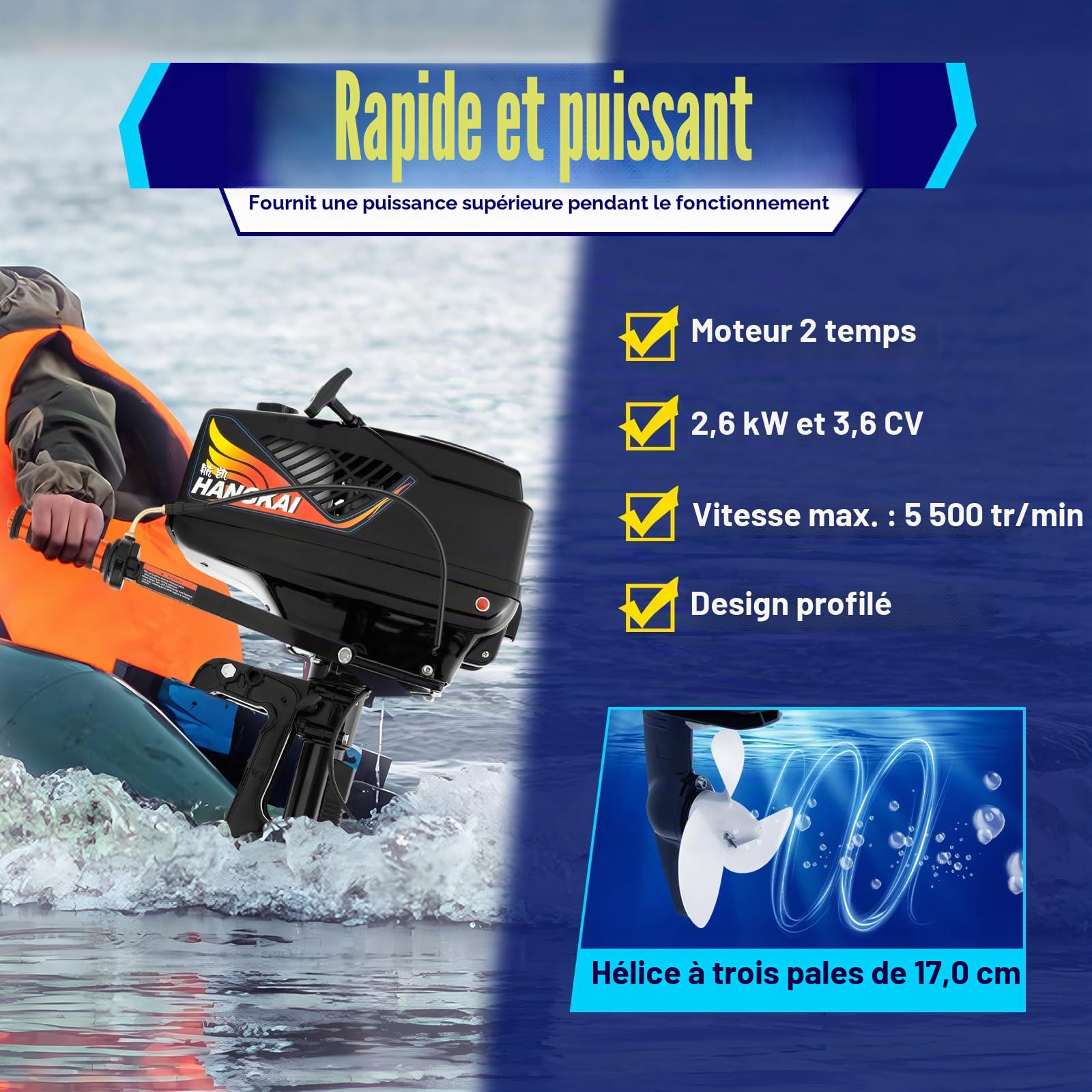 Moteur hors-bord 3,6 CV 2 temps 55 cc - Moteur hors-bord - Système de refroidissement à eau - Pour bateaux gonflables, bateaux de pêche, voiliers et petits yachts