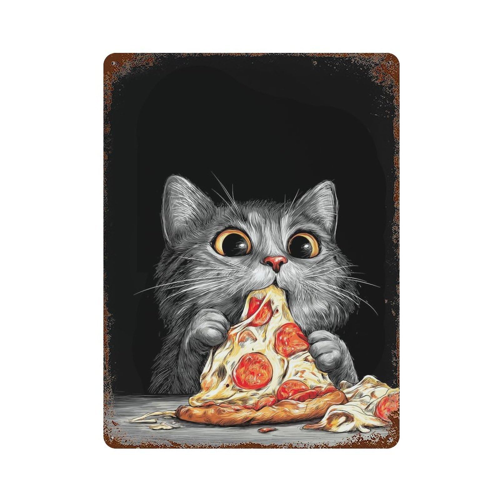 Cat Eating Pizza Slice Illustration Decorative Tin Sign 15.7"x11.8", Farmhouse Wall Decor for Living Room, Hallway And Home Decor