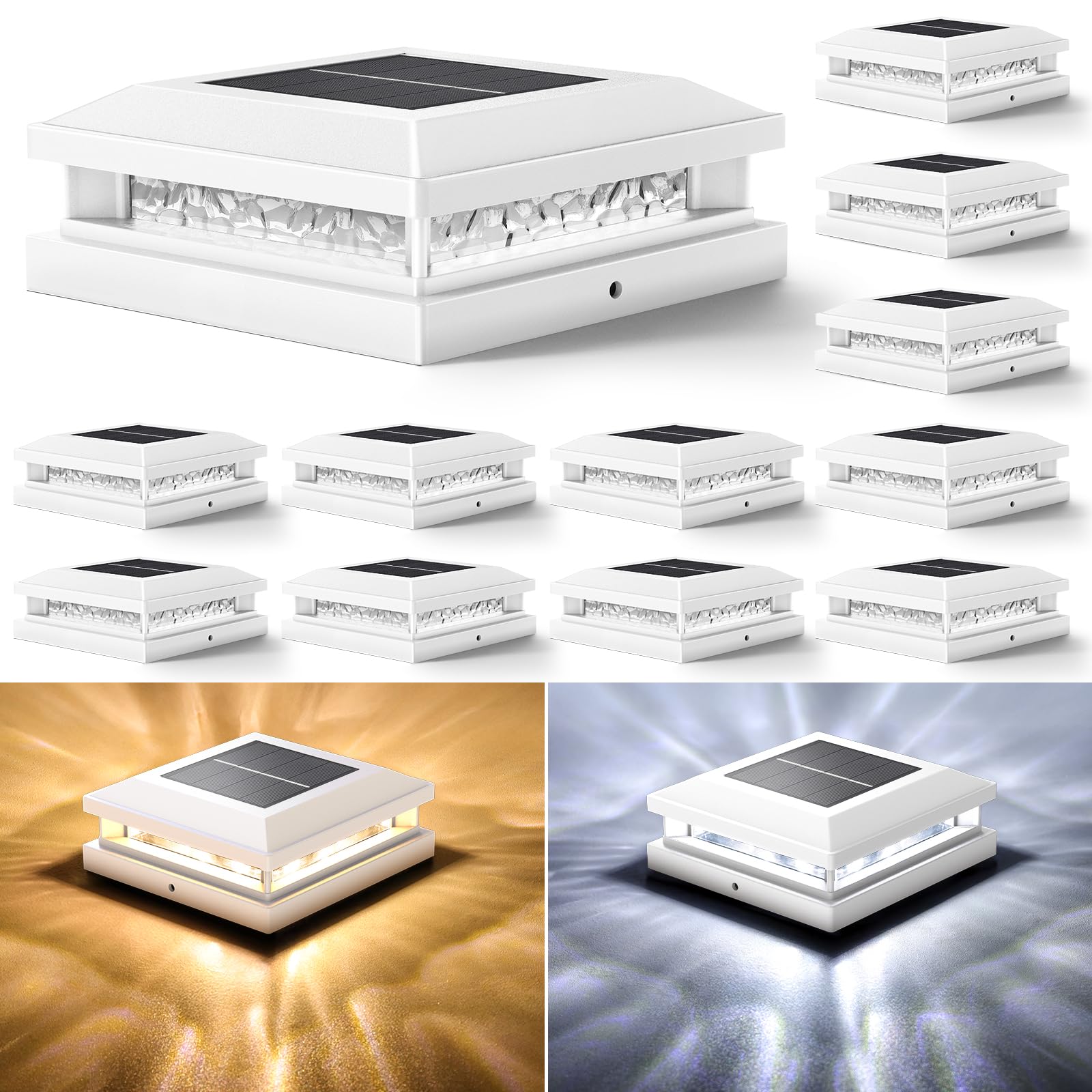 Solar Post Lights Outdoor 12-Pack, 2 Lighting Modes 16 LEDs Solar Post Cap Lights for 4x4 4.5x4.5 5x5 Vinyl Wooden Posts Waterproof, Fence Light Solar Powered for Deck Fence Yard Porch, White