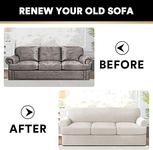 Miniatura 8 de Paquete de fundas para sofá con cojín en forma de T de 3/4 piezas, protector de muebles, patrón a cuadros, extraíbles y lavables, color marfil