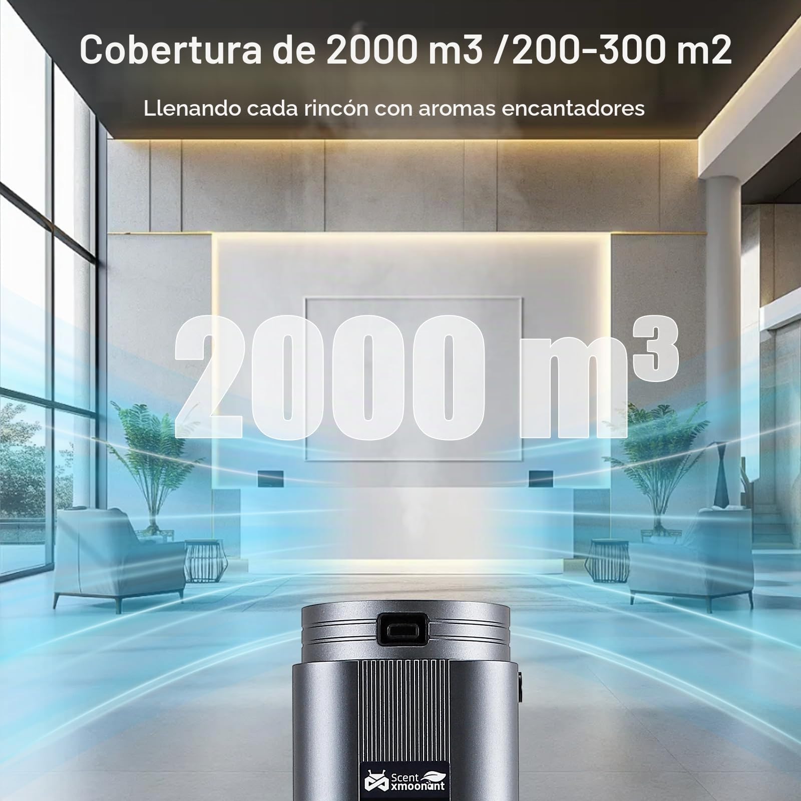 Mxmoonant Difusor de Aceite Esencial sin Aguacon con Niebla Fría, Que Cubre 2000m³, Botella de Aceite de 500ml, App y Remoto Control, Industrial, para Hotelaria, Restaurante, Gimnasios | App/mando a distancia, 2000 m³, detección de aceites esenciales, par