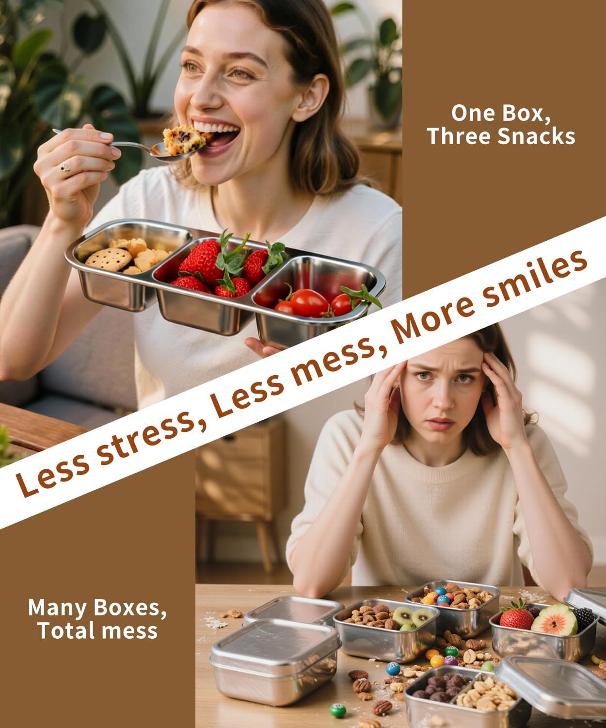 Snack Containers, 4 Pack Stainless Steel Bento Box With Lids,Leak Proof Metal Lunch Box with 3 Compartments,Reusable Lunch Meal Prep Containers for office,Work,Travel For Adults Little One - Image 3