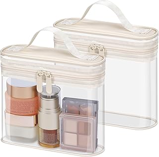 PACKISM TSA Approved Toiletry Bag 2 Pack - Quart Size Clear Makeup Bag with Handle & Dual Metal Zippers, 180° Wide Opening Travel Toiletries Bag, Airport Airline Compliant Security Pouch, Beige
