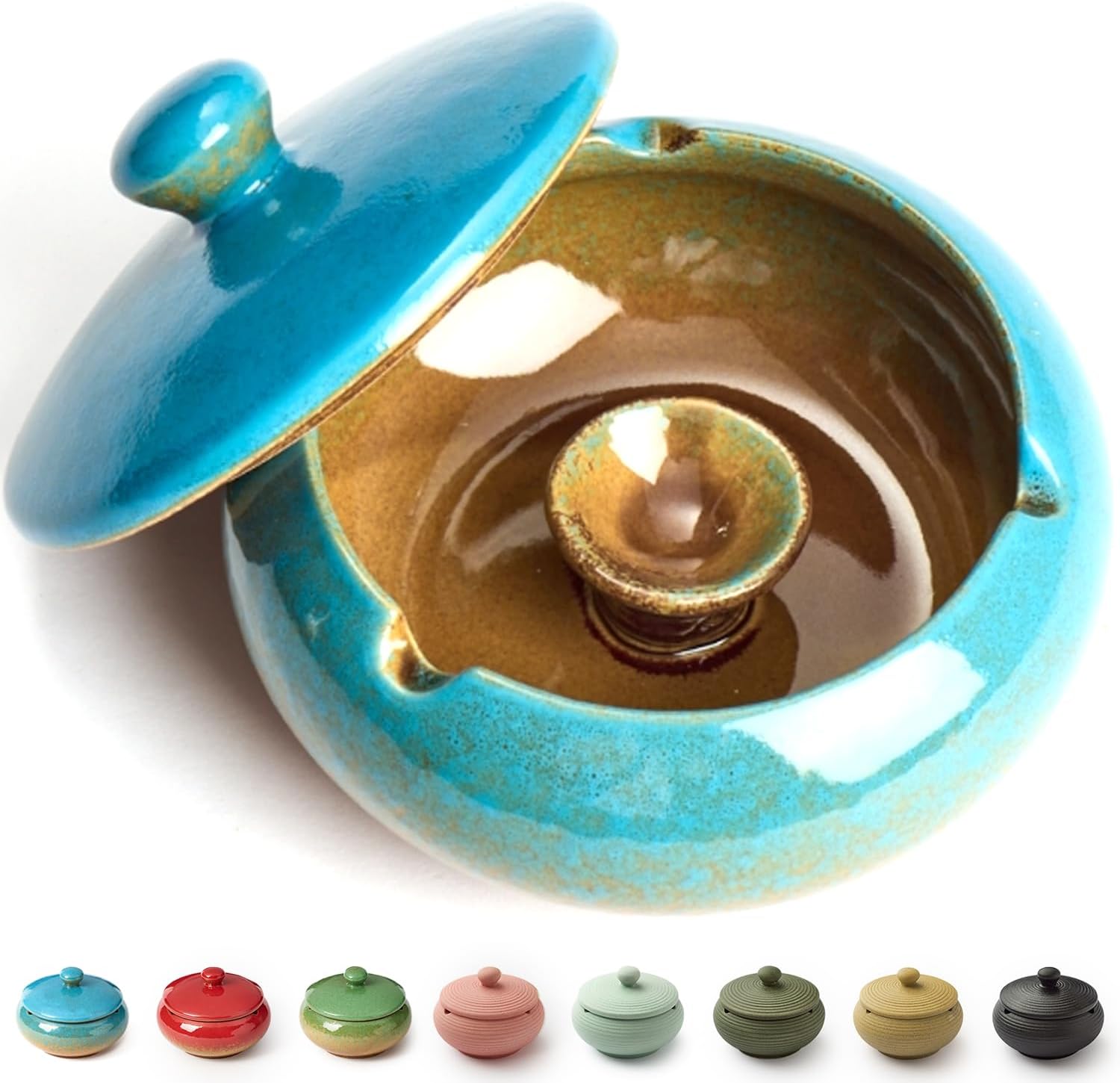 SmokyJoy Windproof Ceramic Ashtray with Lid - Smokeless Blue Ash Tray for Outdoor Patio, Balcony, Home Office