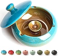 SmokyJoy Windproof Ceramic Ashtray with Lid - Smokeless Blue Ash Tray for Outdoor Patio, Balcony, Home Office