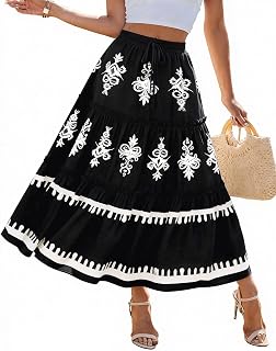 SofiasChoice Women's Western Boho Maxi Skirt - High Waisted Tiered A-Line Ethnic Print for Beach Vacation & Festivals