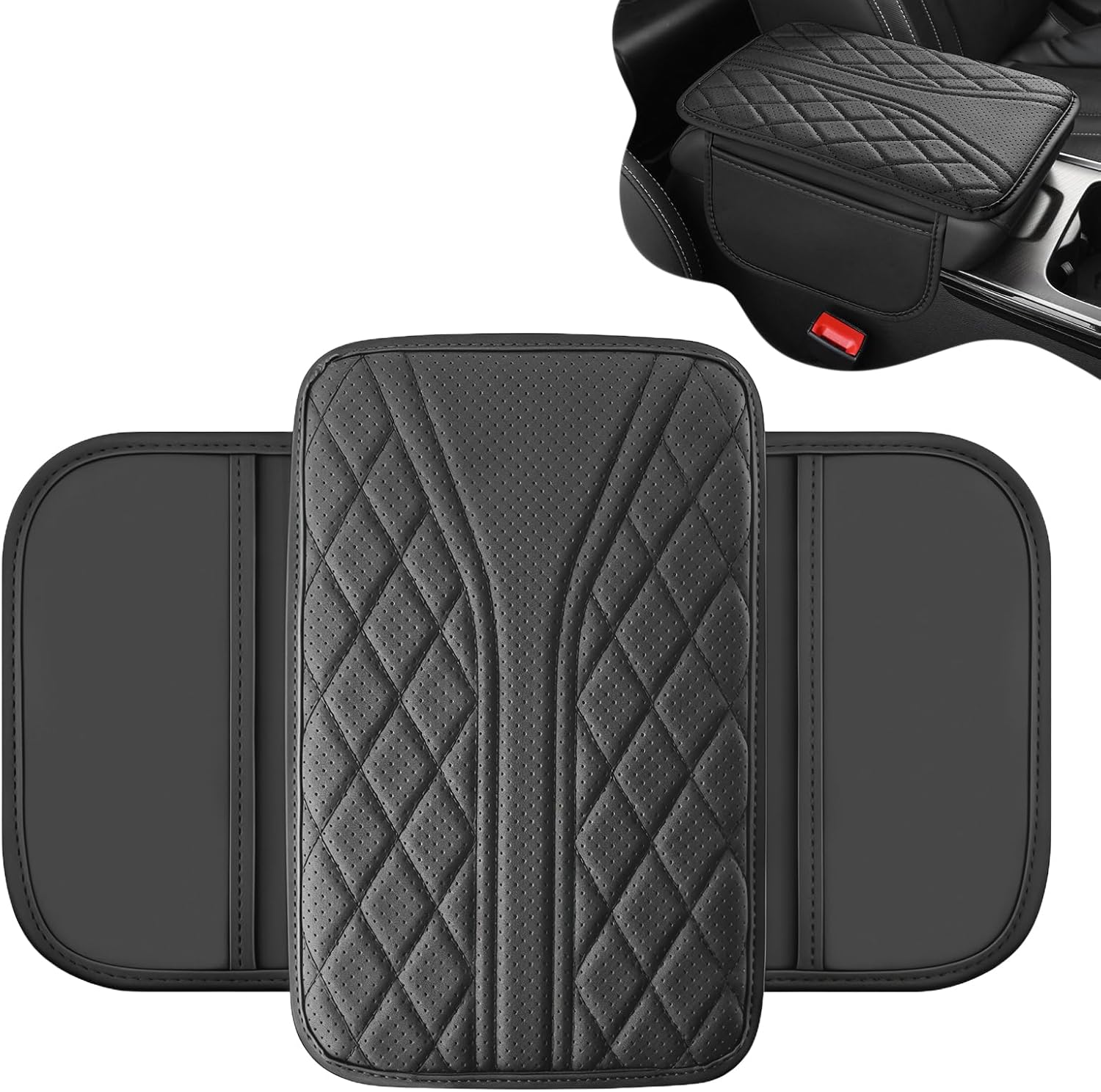 Car Center Console Cover with 2 Storage Bags, Leather Armrest Pad, Black