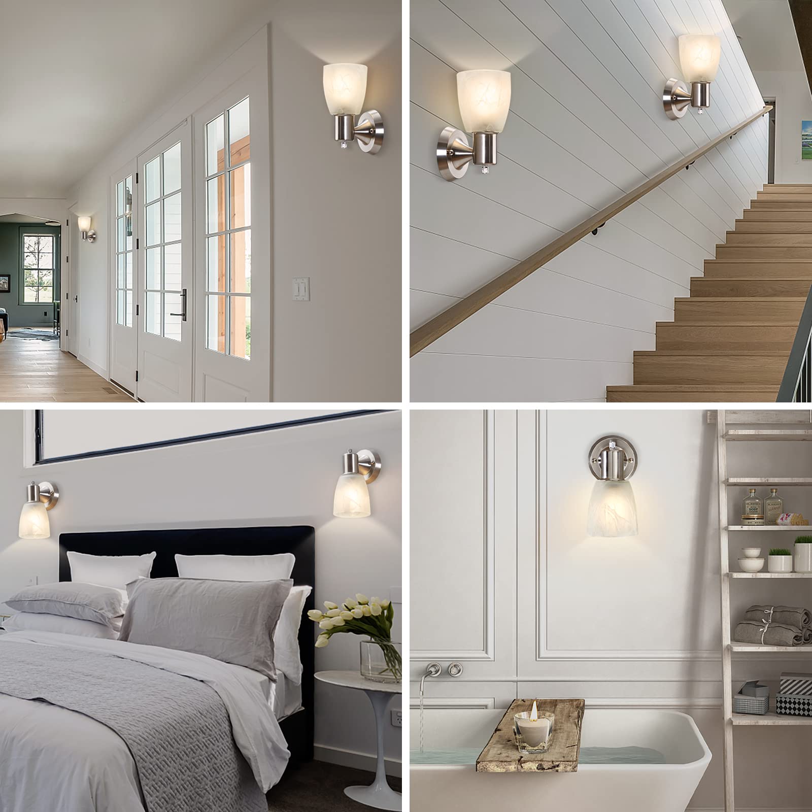 Juego de 2 apliques de pared, luces de tocador de níquel cepillado para baño, modernas lámparas de pared con interruptor giratorio, luz de montaje en pared con vidrio esmerilado, lámpara de pared de 6